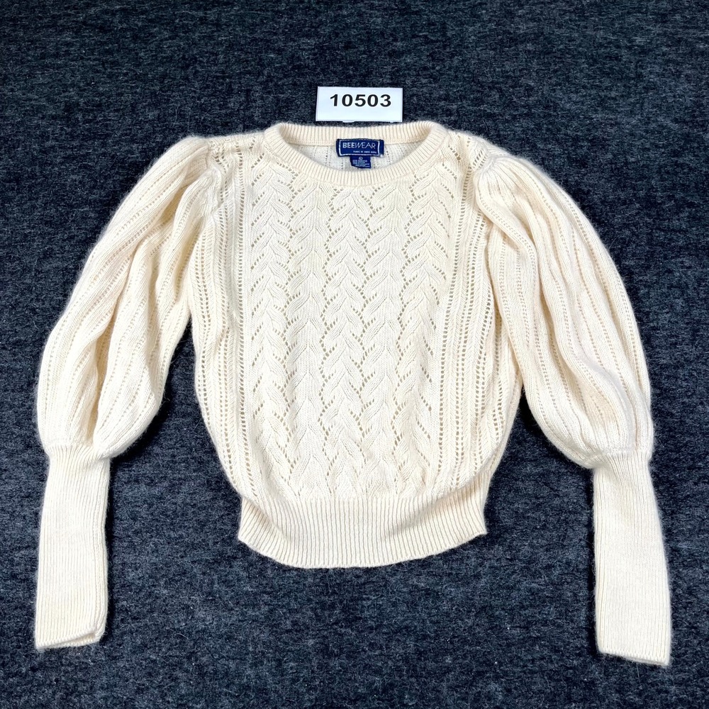 Vintage Silk BEEWEAR Sweater Womens Large Cream Cable Knit  Puff Sleeve Casual